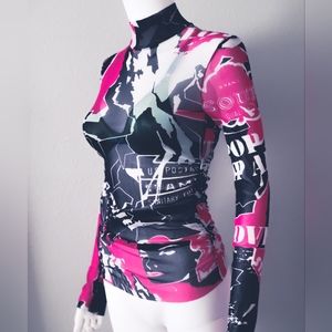 Benetton Top • Pop Art Graffiti • Vintage Sheer Blouse • Long Sleeve Mesh • Mock